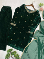 Vastranavya Green Velvet Sequence Embroidery Work Kurta & Bottom With Dupatta - Distacart