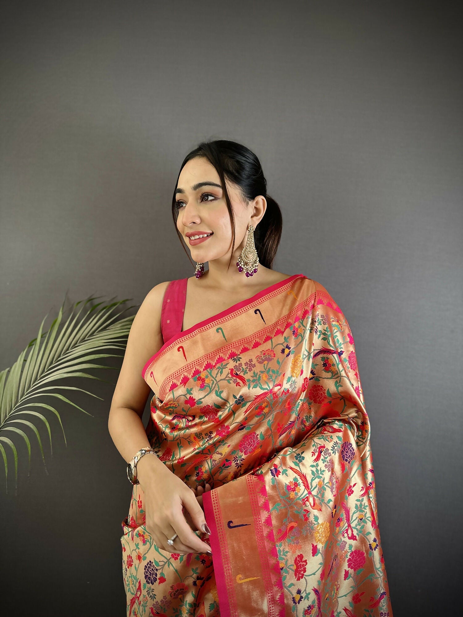 Joban Fashion Rani Pink Floral & Leaf Designs Soft Silk Paithani Saree - Distacart