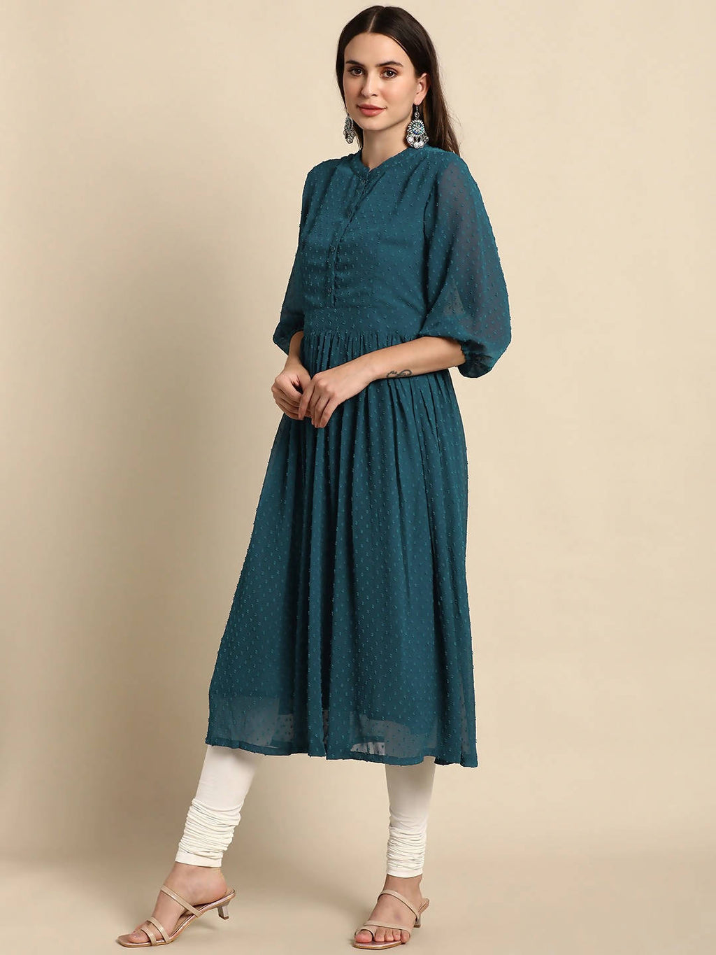 Janasya Teal Dobby Weave Kurta - Distacart