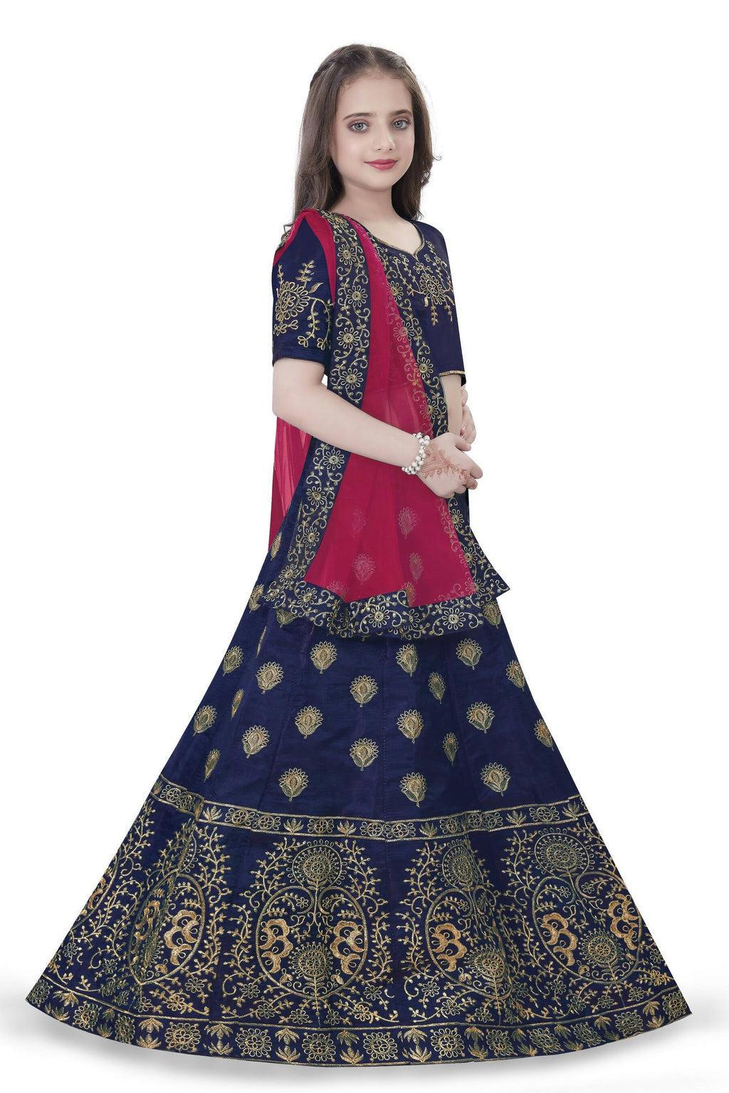 Dwiden Navy Blue Gulab Tafetta Sattin Semi-Stitched Girl's Lehenga Choli