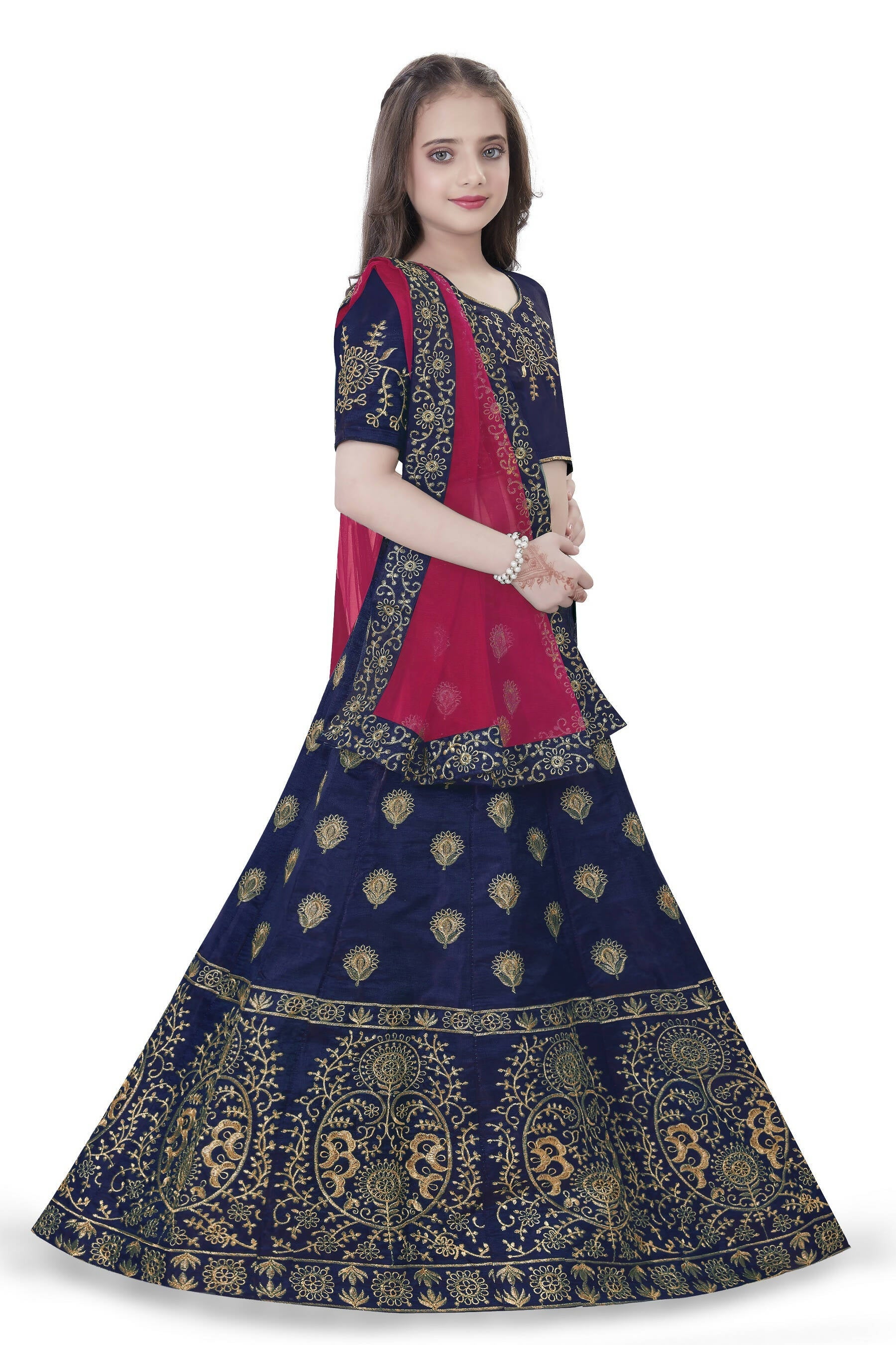 Dwiden Navy Blue Gulab Tafetta Sattin Semi-Stitched Girl's Lehenga Choli