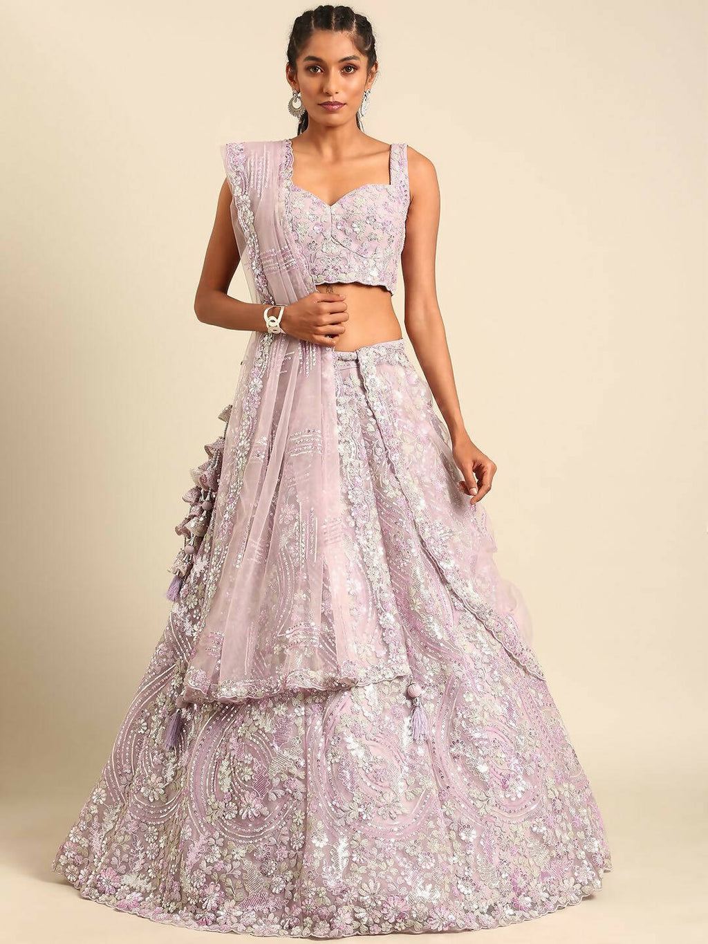 House of Panchhi Lavender Net Sequins and Zarkan embroidery Lehenga choli & Dupatta