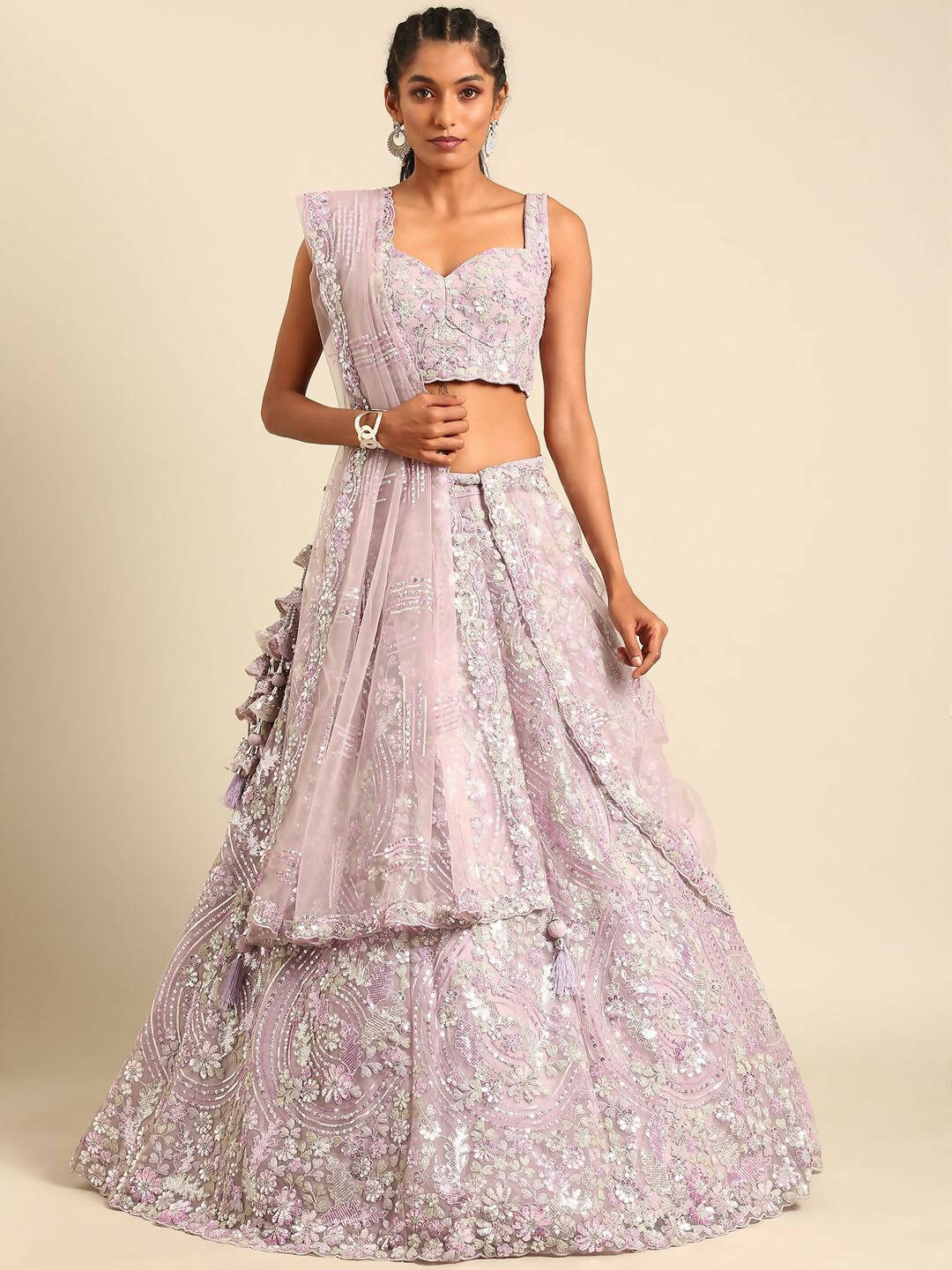 House of Panchhi Lavender Net Sequins and Zarkan embroidery Lehenga choli & Dupatta