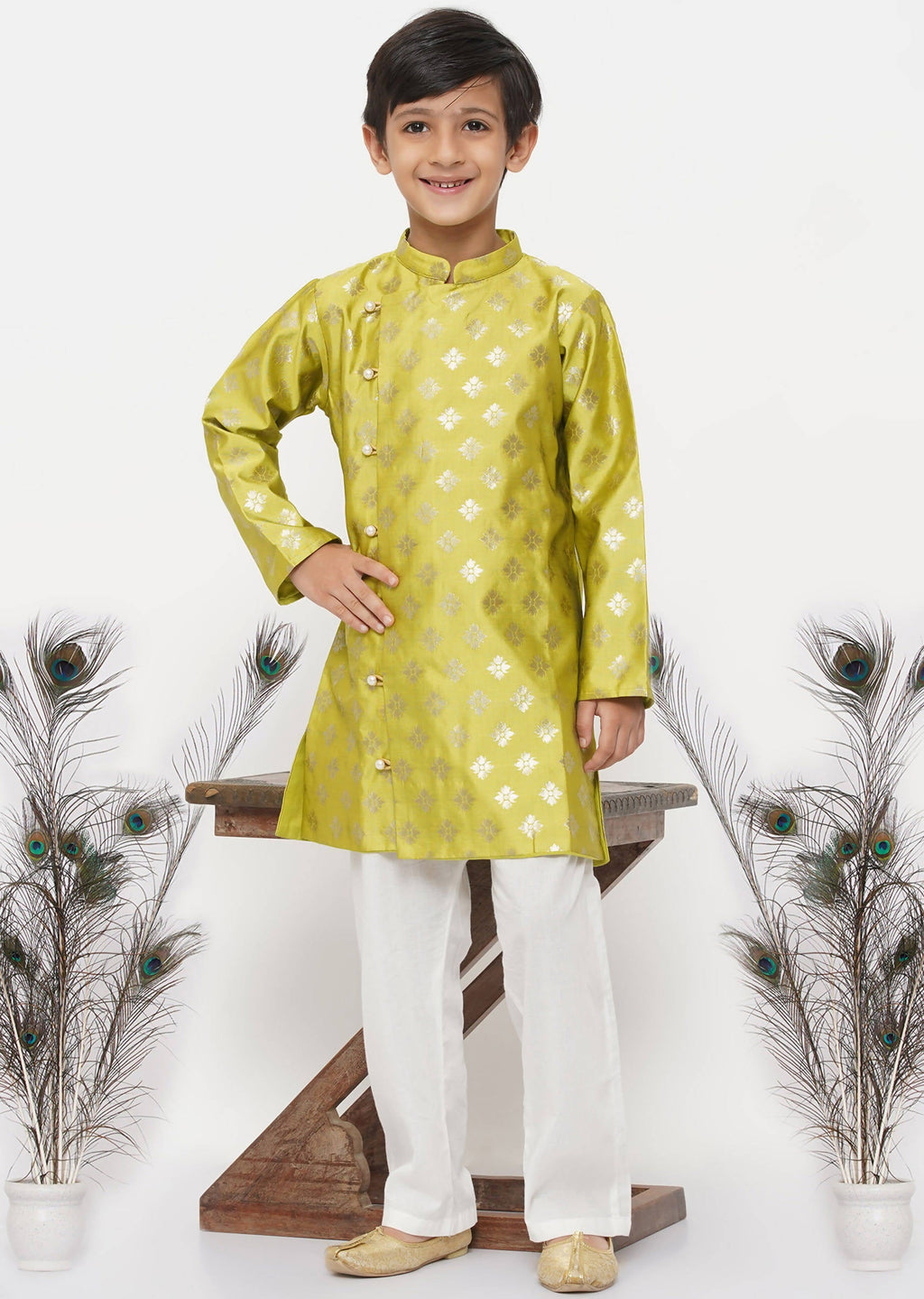 Little Bansi Boys Banarsi Silk Sherwani & Pyjama - Apple Green & Cream