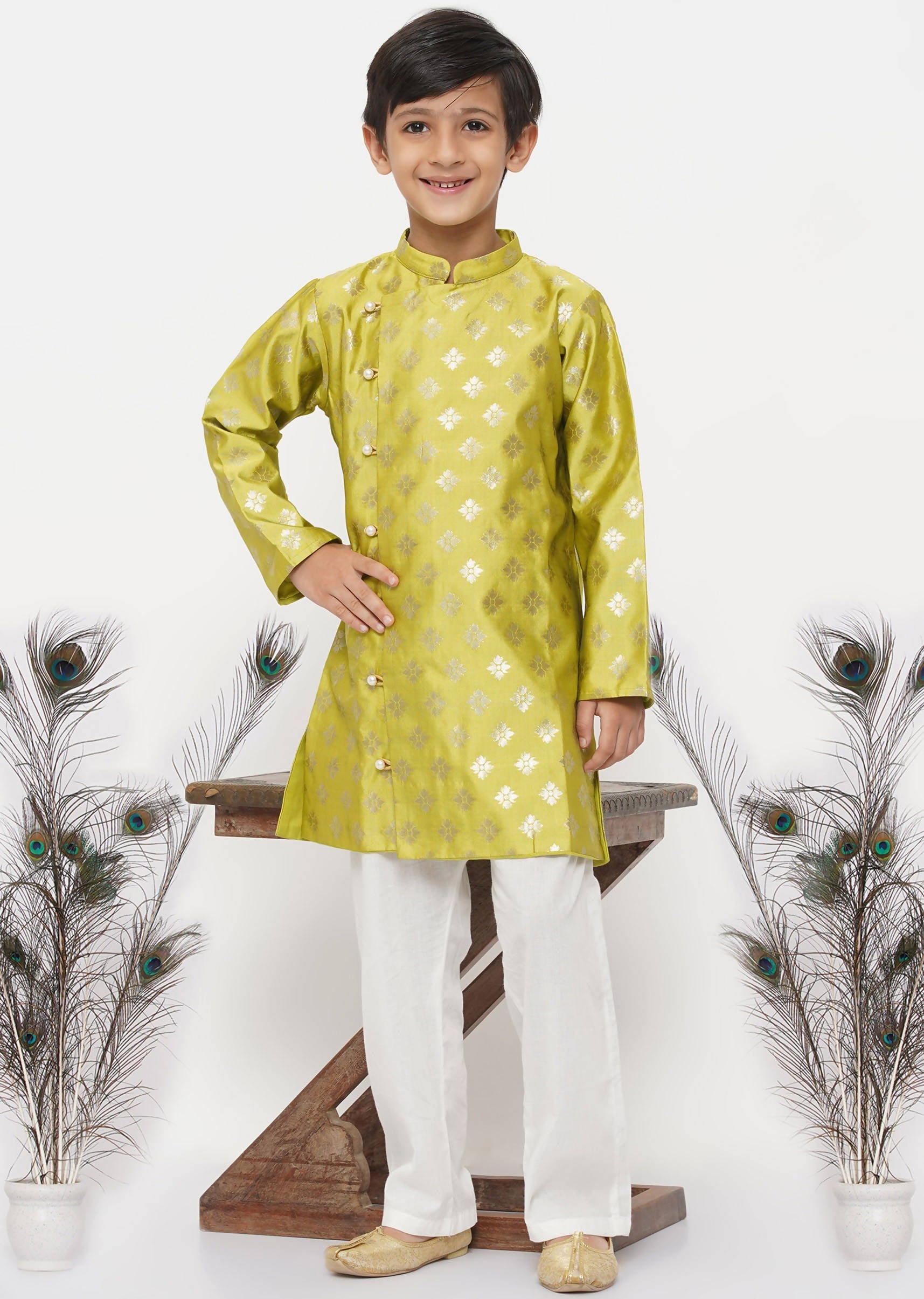 Little Bansi Boys Banarsi Silk Sherwani & Pyjama - Apple Green & Cream
