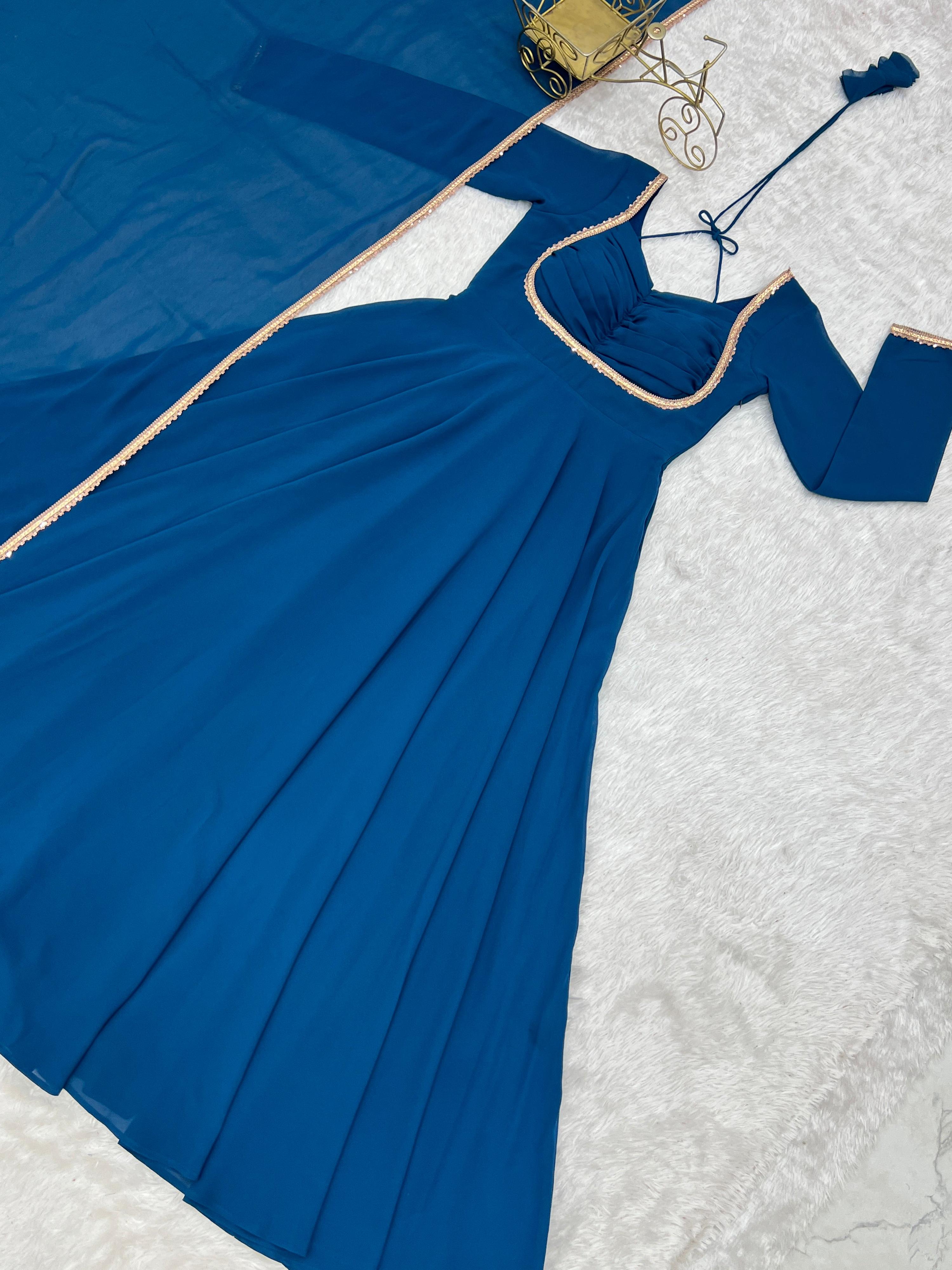 Evanik Teal Georgette Plain Fully Flair Gown Dupatta - Distacart