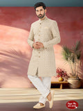Joban Fashion Men's Beige Straight Swed Velvet Thread And Sequence Embroidary All Over Indo-Western Kurta Set