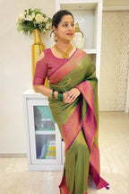 DEIANA'S Beautiful Designer Golden zari Soft Lichi Silk Saree - Mehndi