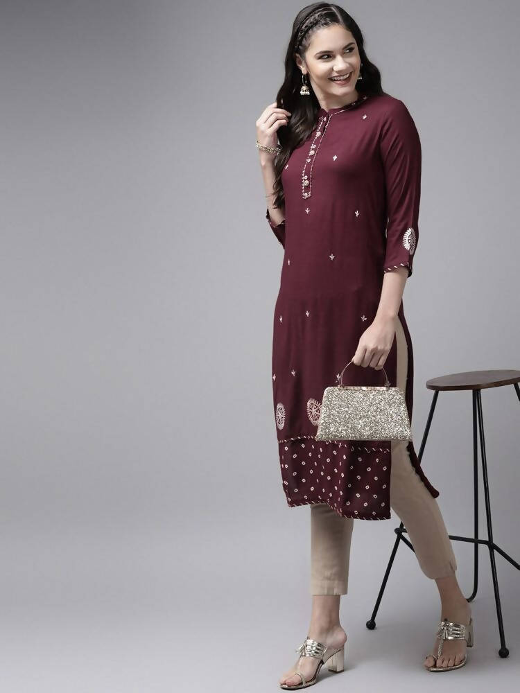 Yufta Women Maroon Ethnic Motifs Embroidered Kurta