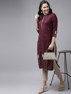 Yufta Women Maroon Ethnic Motifs Embroidered Kurta