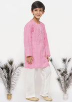 Little Bansi Boys Cotton Jaipuri Kurta with Pearl Buttons & Pyjama -Pink & Cream