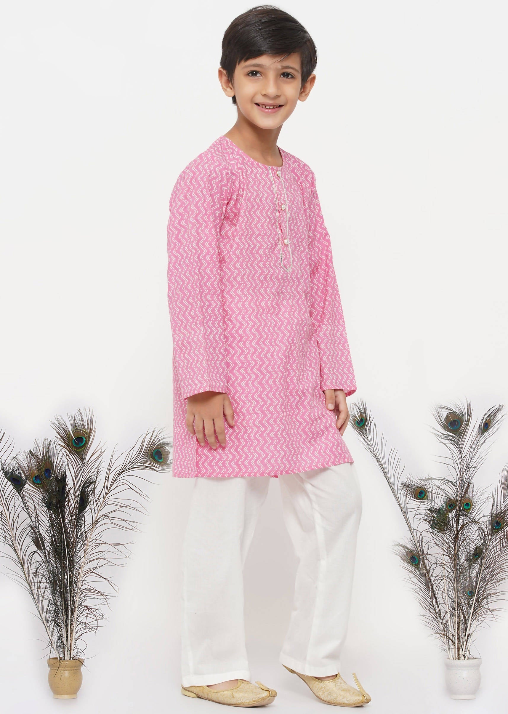 Little Bansi Boys Cotton Jaipuri Kurta with Pearl Buttons & Pyjama -Pink & Cream