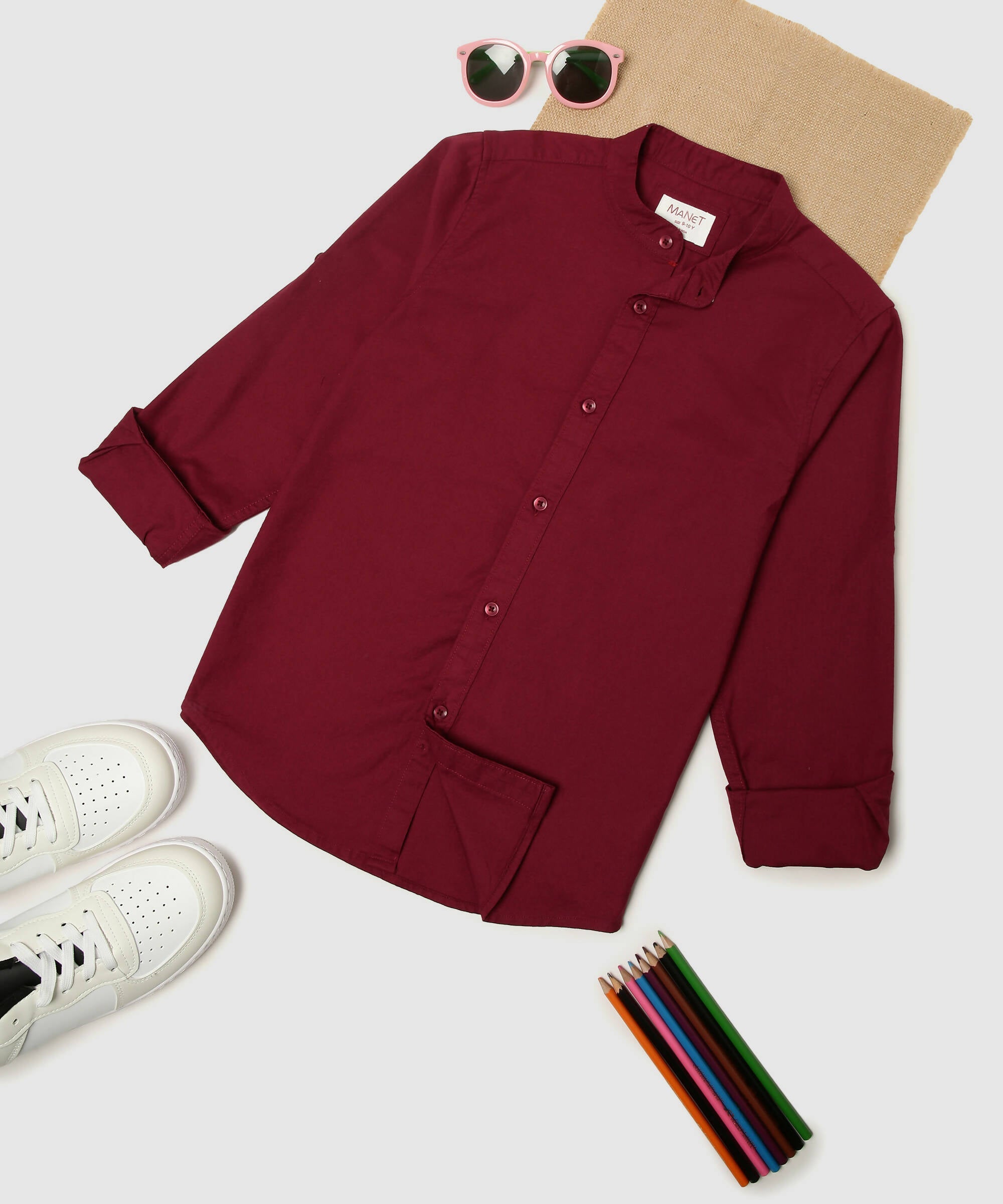 Manet Boys Mandarin Collar Full Sleeves Melange Shirt - Maroon