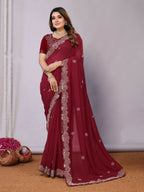 Maroon Silk Georgette Cord Embroidery Saree - Norita Saumya