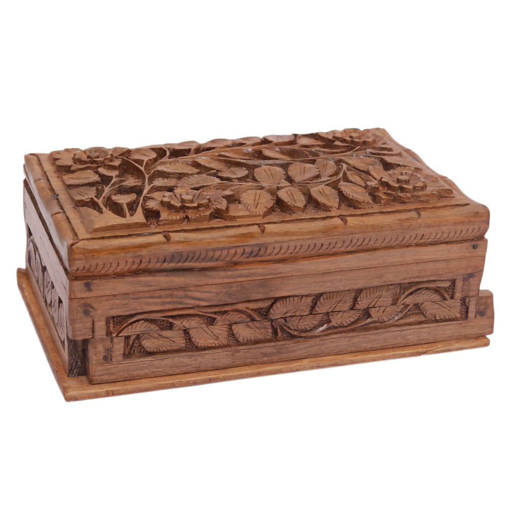 Nizalia Carved Chinar Leaf Handmade Walnut Wood Jewellery Box