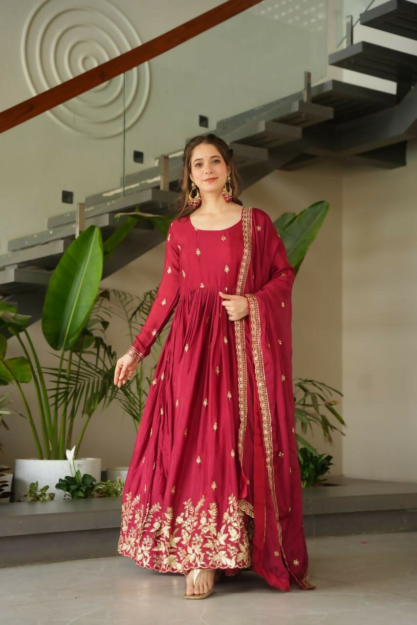 Teeya Creation Maroon Color Chinon Silk Party Wear Long Gown - Distacart