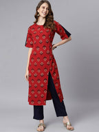 Janasya Maroon & Navy Blue Ethnic Motifs Printed Kurta with Trousers - Distacart
