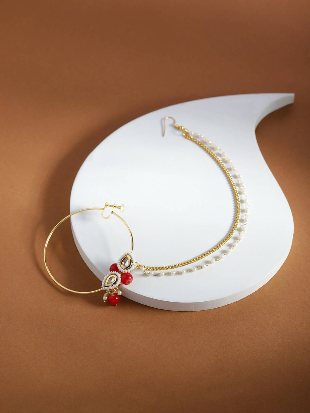 Gold-Pleated Red White Kundan Studded Beaded Nosepin - Ruby Raang - Distacart