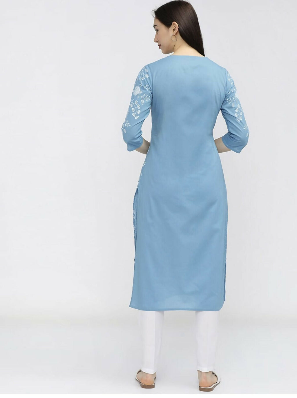 Cheera Women Stylish Hand Block Printed Cotton Blend Flared Kurta - Sky Blue