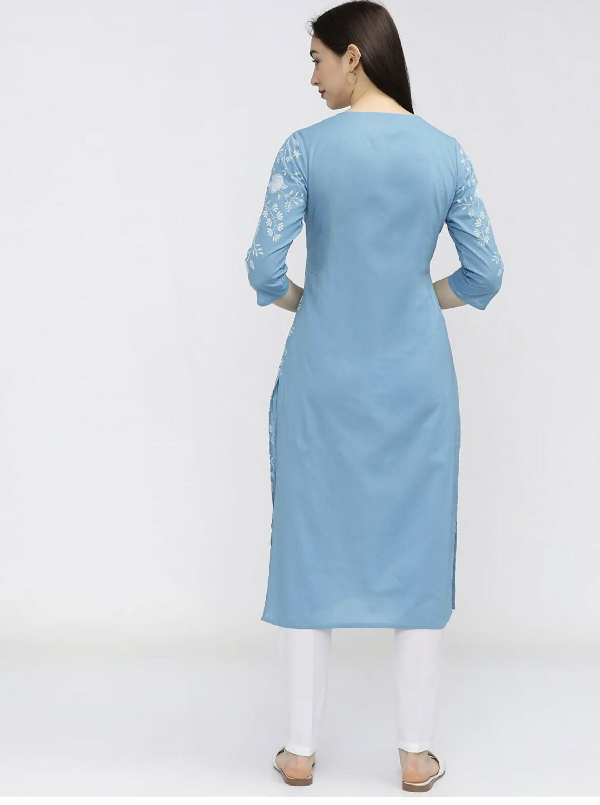 Cheera Women Stylish Hand Block Printed Cotton Blend Flared Kurta - Sky Blue