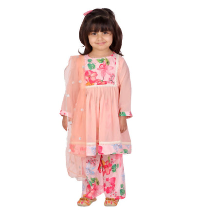 Little Bansi Girls Peach Color Rose print Kurta Frock with Floral Plazzo and Dupatta
