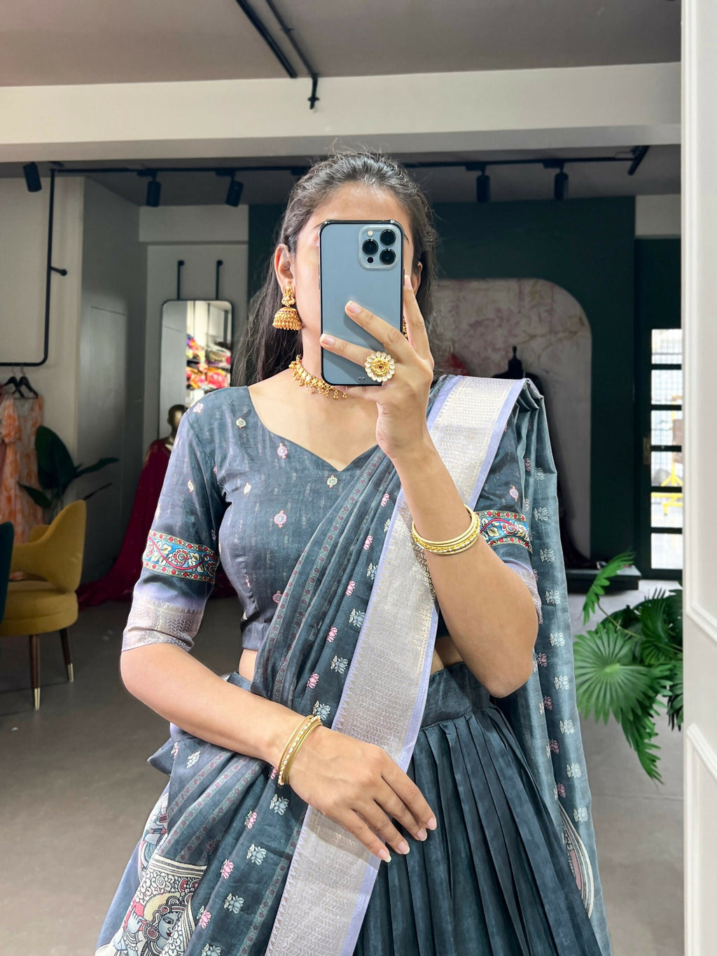 Vastranavya Kalamkari Print With Weaving Border Lehenga with Unstitched Blouse - Sae Green