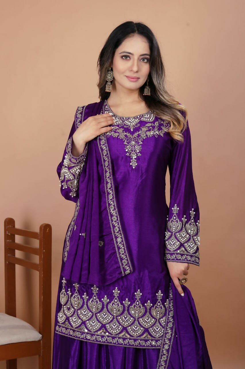Teeya Creation Purple Chinon Embroidery Work Party Wear Palazzo Suit - Distacart