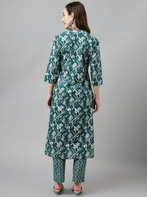 FIORRA Women's Teal Green Cotton A-Line Kurta Set