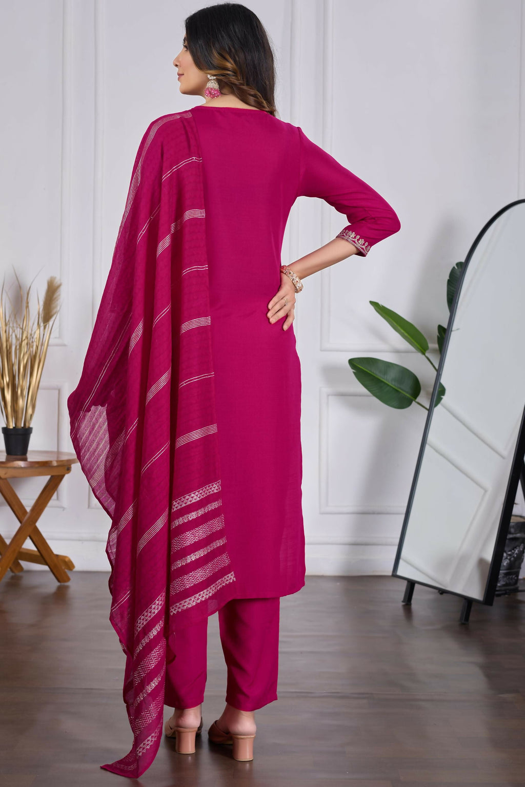 The52 Pink Women's Beautiful Embroidered Rayon Slub Fabric with Straight Kurta, Pant and Dupatta Set - Distacart