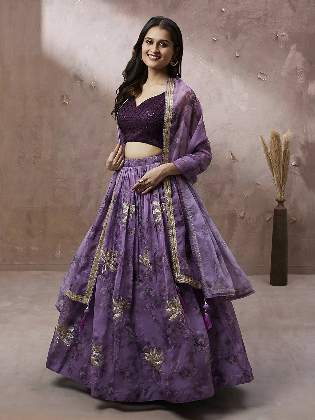 House of Panchhi Lavender Organza Floral Printed Lehenga choli & Dupatta