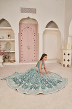 Aastha Fashion Ocean Blue Butterfly Net White Cotton Thread Work, Zari Work And Sandwich Sequence Work Embroidery Wedding Wear Lehenga Choli