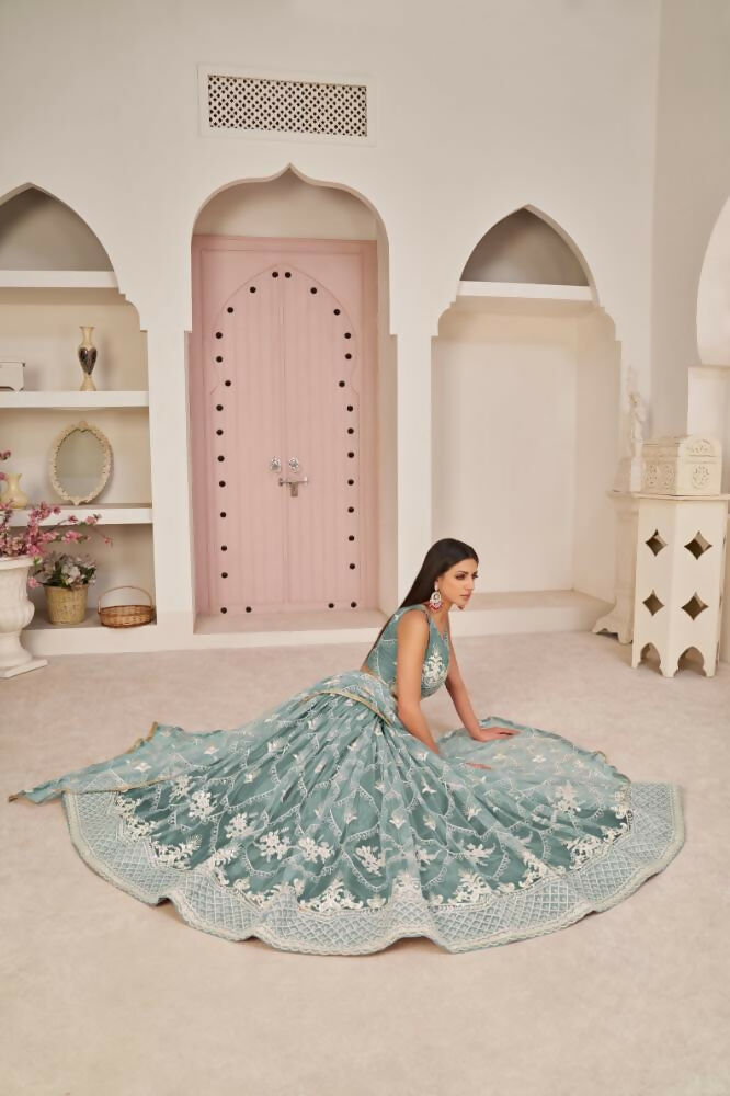 Aastha Fashion Ocean Blue Butterfly Net White Cotton Thread Work, Zari Work And Sandwich Sequence Work Embroidery Wedding Wear Lehenga Choli