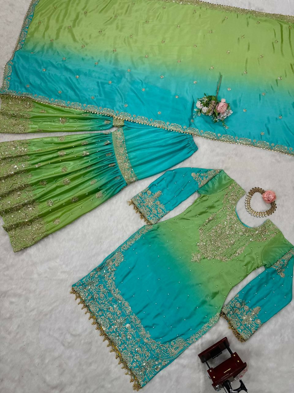 The52 Women's Beautiful Chinon silk Fabric Embroidery Work Straight Kurta Palazzo and Dupatta Set - Distacart