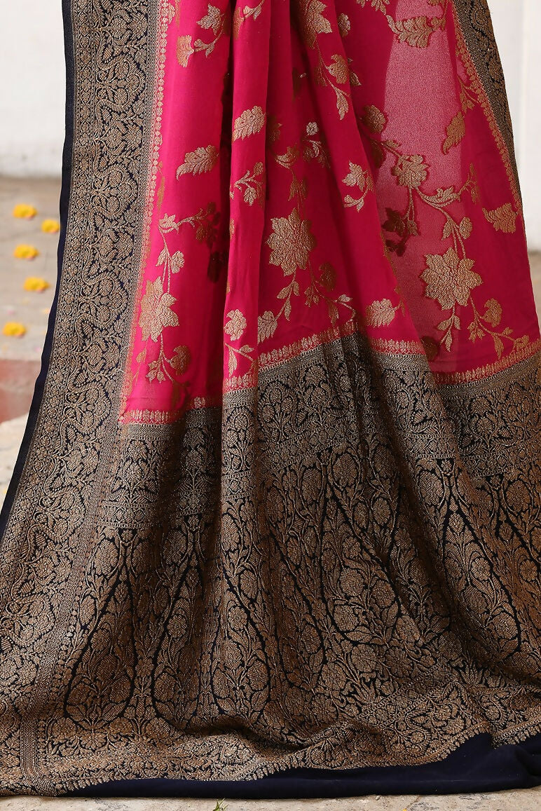 Joban Fashion Fuchsia Crepe Chiffon Pure Handloom Banarasi Silk Saree