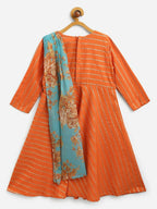 Ahalyaa Orange Crepe Gold Striped Printed Kids Dress Kurta With Attached Dupatta For Girls