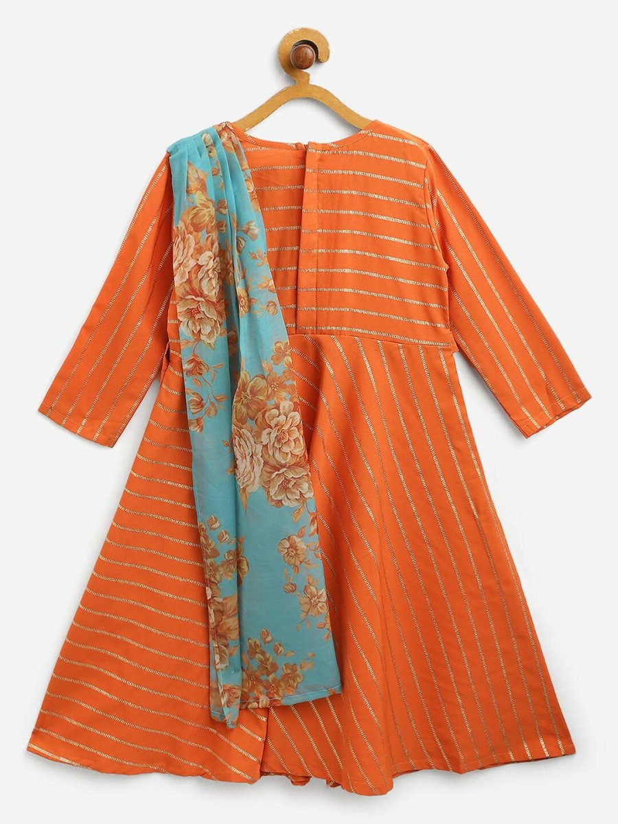 Ahalyaa Orange Crepe Gold Striped Printed Kids Dress Kurta With Attached Dupatta For Girls