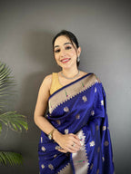 Joban Fashion Royal Blue Peacock & Floral Motifs Soft Silk Kanchipuram Saree - Distacart