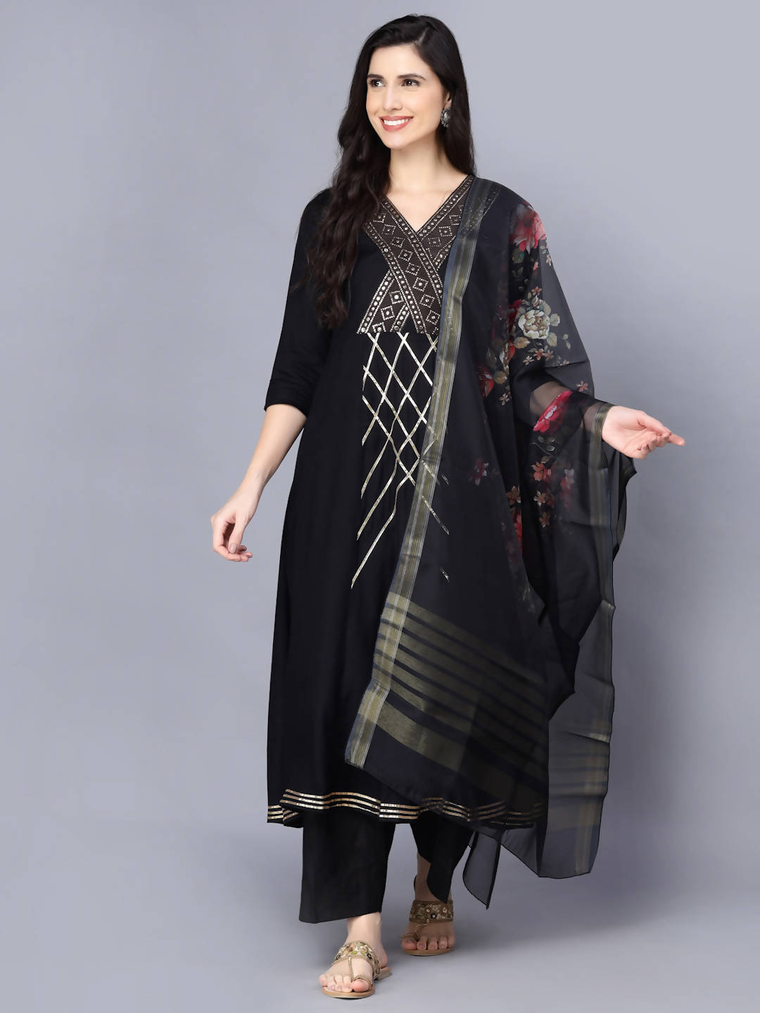 Myshka Women Black Printed Kurta with Dupatta - Distacart
