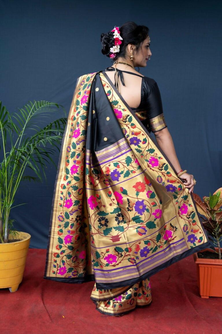 Jyoti Fashion Women's Black Paithani Silk Zari Woven Saree with Blouse