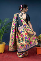 Jyoti Fashion Women's Black Paithani Silk Zari Woven Saree with Blouse