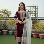Joban Fashion Maroon Kurta Set Velvet Embroidery Sequence Work - Distacart