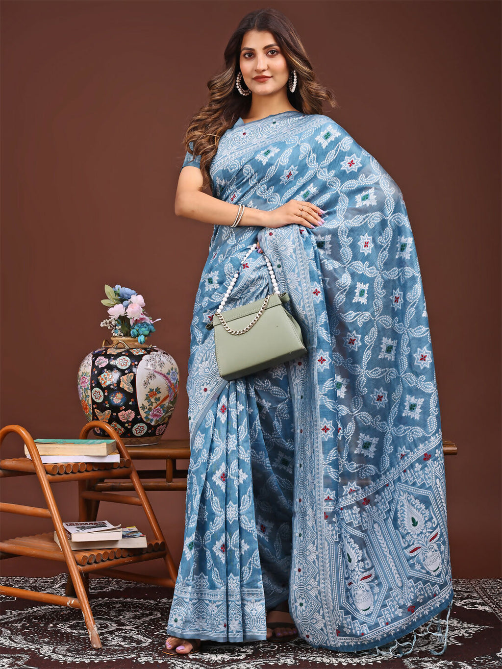 Shree Shyam Fashion Pankhuri Sky Blue Linen Cotton Saree