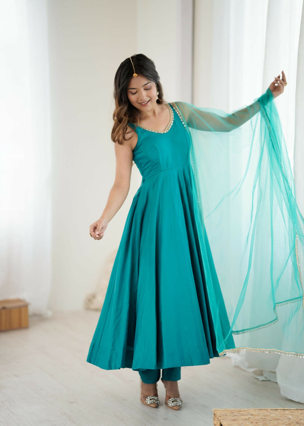 The52 Women's Beautiful Roman Silk Chanderi Fabric Flared Anarkali Pant and Dupatta Set - Distacart
