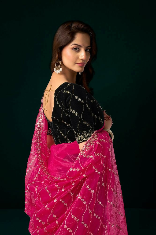 Joban Fashion Rani Pink Net Party Wear Sarees - Distacart