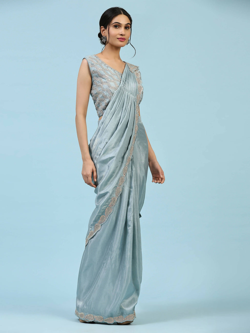 Sky Blue Silk Satin Plain Ready to wear Saree with stitched Blouse - Vrinda