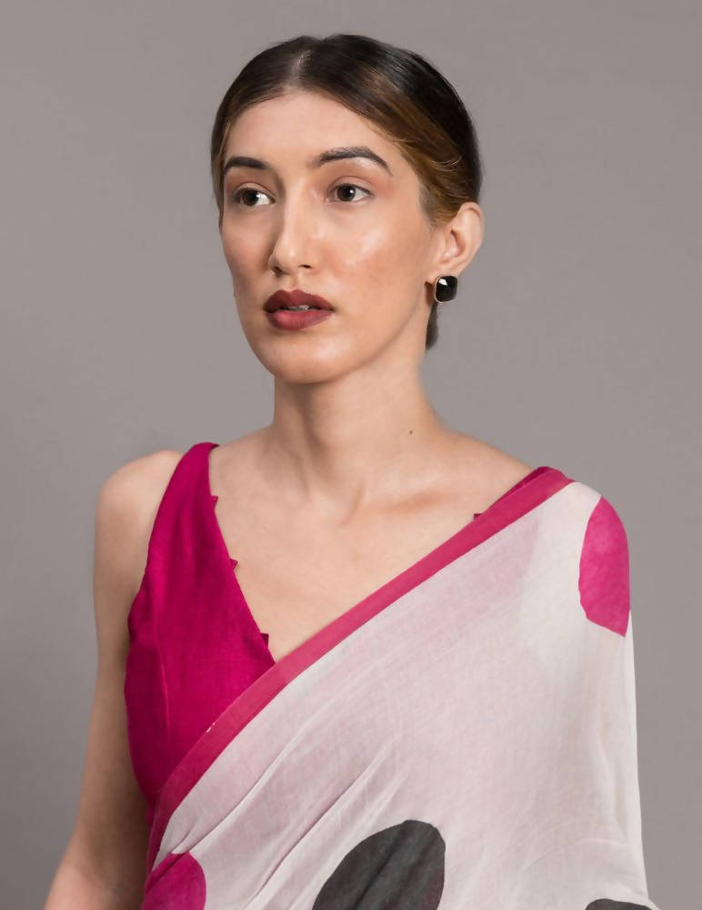 Suta White Pink Polka Dot Printed Pure Cotton Saree - Distacart