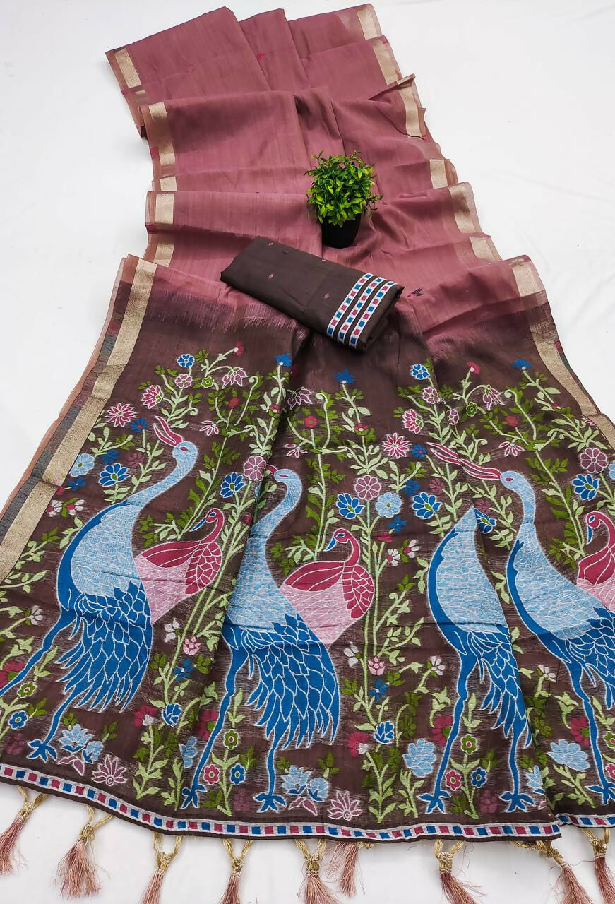 Vastranavya Mauve Muga Cotton Meenakari & Azarakh Pallu Saree with Contrast Blouse - Distacart
