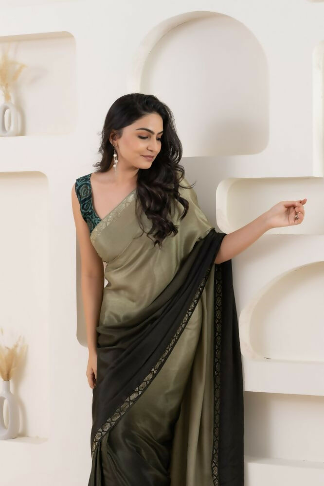 Grey Satin Pedding Designer, Printed Party Wear Ready To Wear Saree - Femina