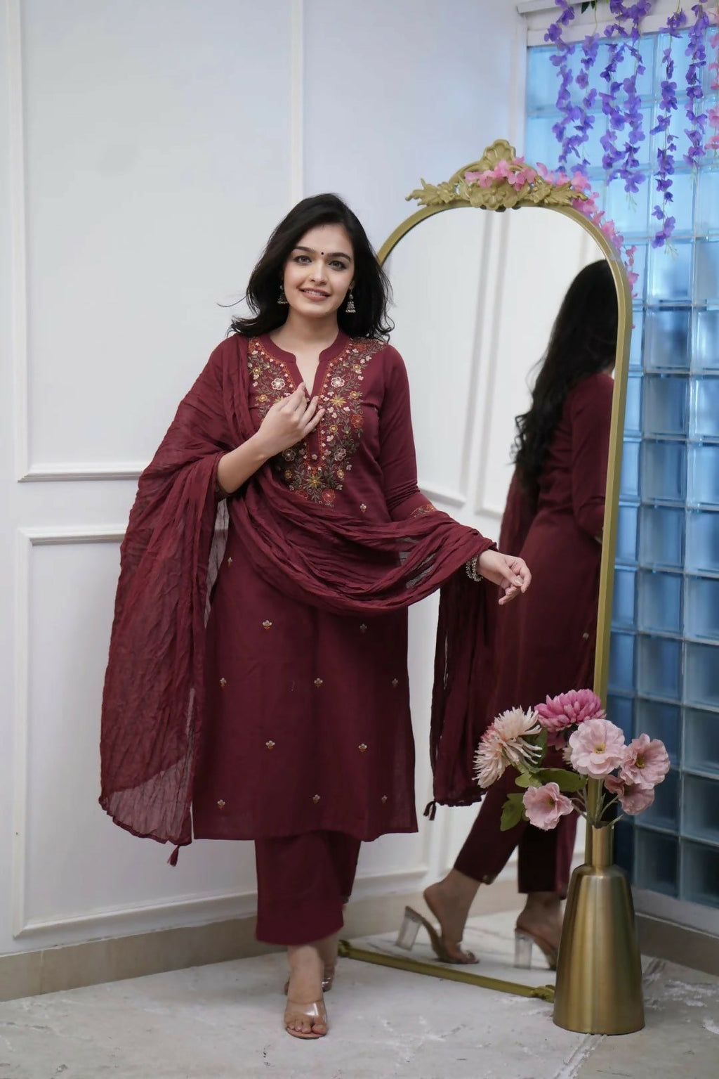 The52 Women's Beautiful Rayon Slub Fabric Thread Work Straight Kurta Pant and Dupatta Set - Distacart
