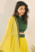 Jyoti Fashion Yellow Three Lair Frill Georgette Lehenga Choli with Dupatta